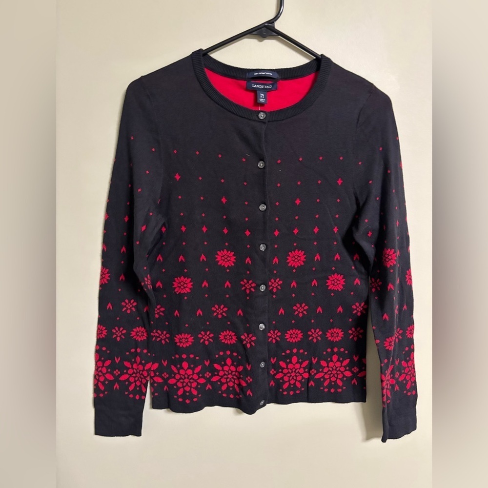 Lands' End 100% Supima Cotton Black Red Floral Cardigan Sweater Size XS New